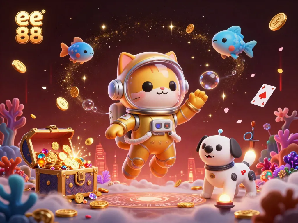 Experience thrilling adventures on ee 88 with vibrant 3D illustrations of cat and robot companions in a treasure-filled casino environment.