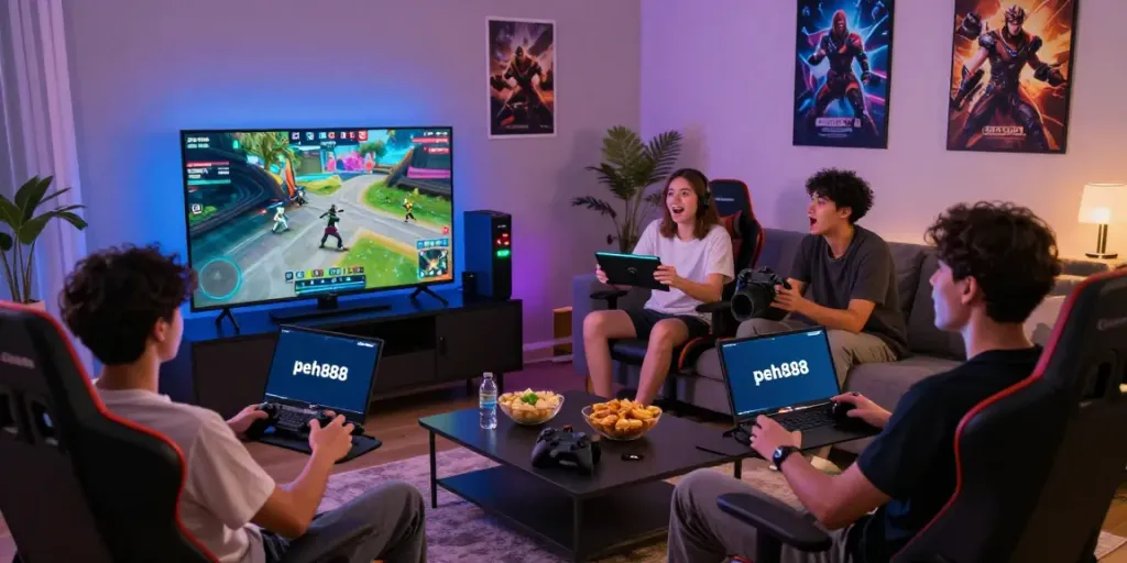 Friends enjoying a gaming night with consoles and the peh888 platform as the focus.