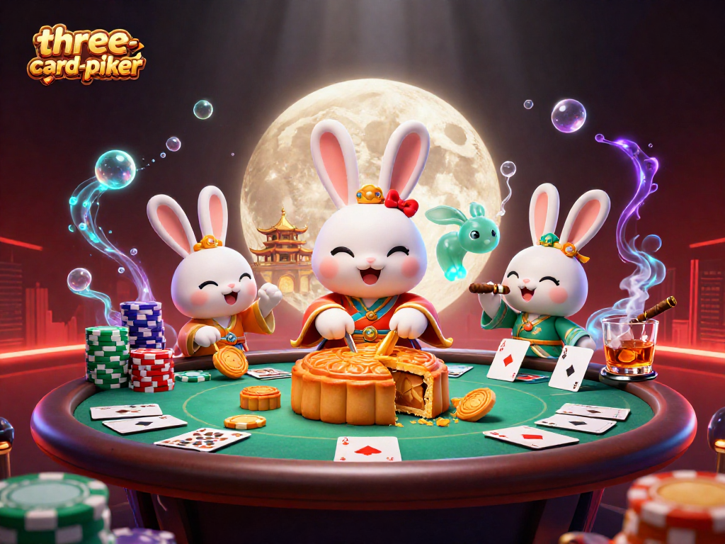 Experience three-card-poker action with whimsical characters revealing hidden poker chips.