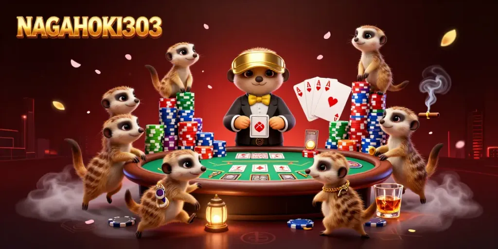 Bergaya NAGAHOKI303, koloni meerkat menjalankan kasino dengan suasana ceria dan poker meja ramai.