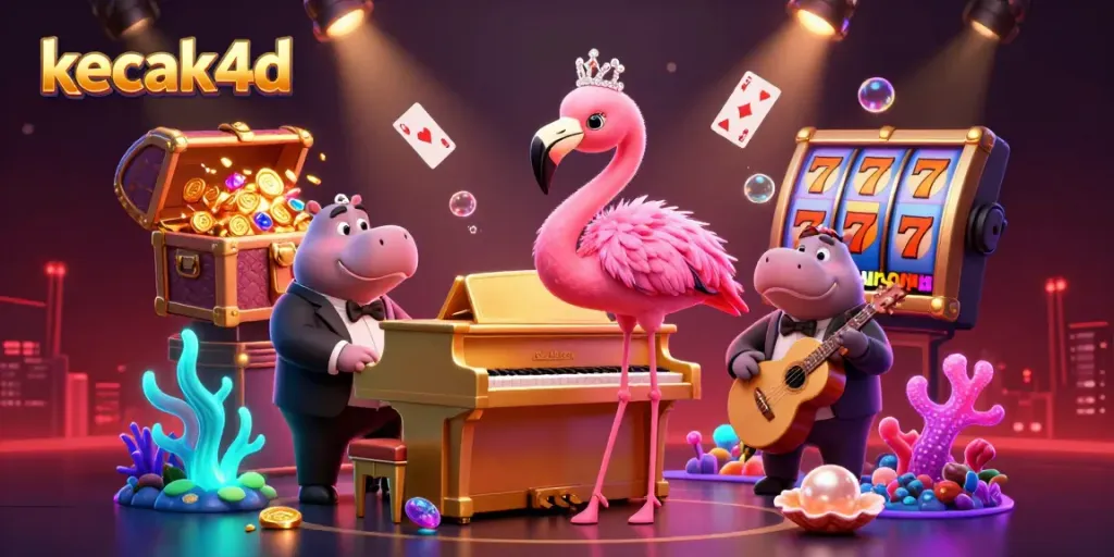 Kecak4d showcases a vibrant casino scene with a flamingo singer and hippo bassist, surrounded by slot reels and treasure.