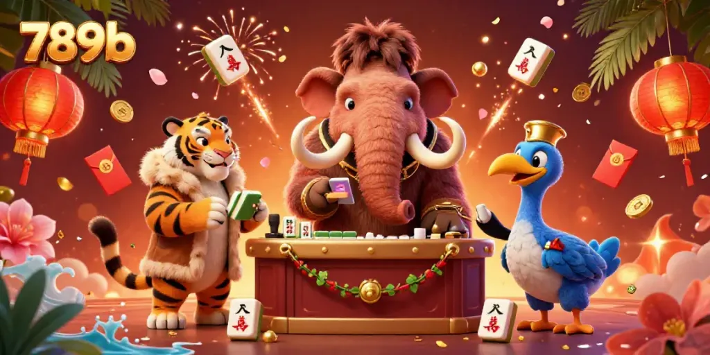Engage with the vibrant casino magic at 789b, featuring a mammoth bouncer, saber-tooth tiger VIP, and lively game elements.