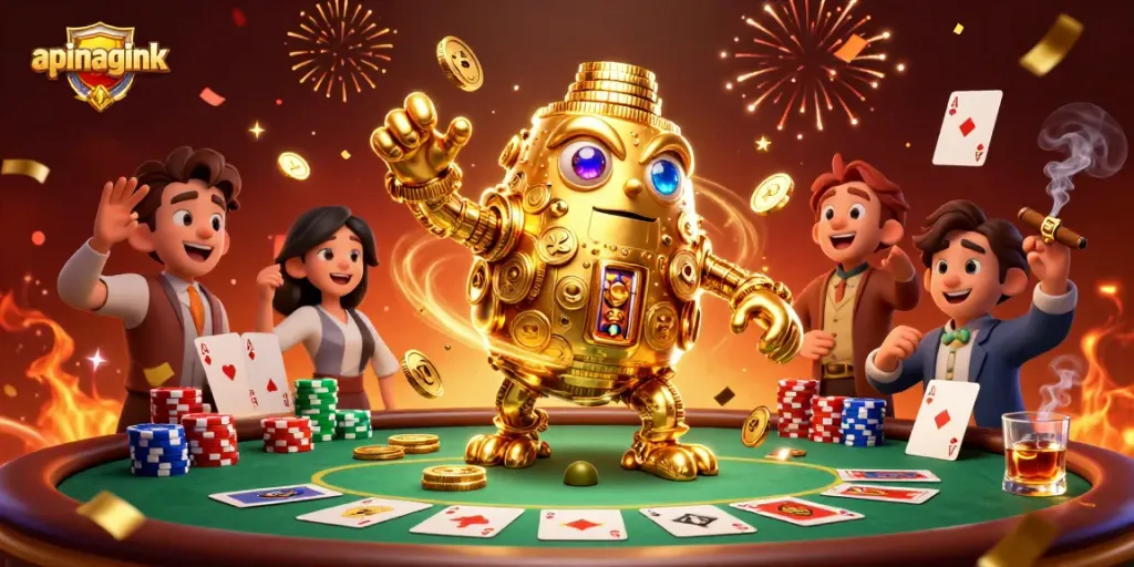 Engage with the vibrant apinagalink casino scene featuring a golden golem amidst poker chaos.