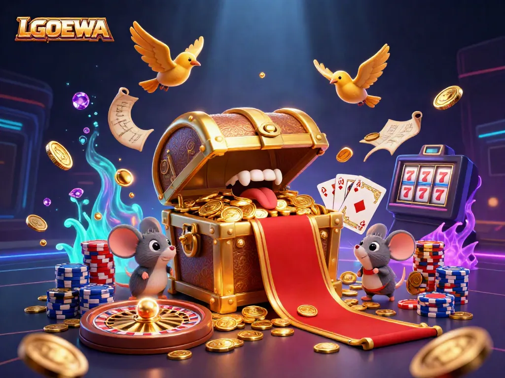 Engaging scene of adventurer mice attracted to LGODEWA's treasure chest, surrounded by vibrant casino elements.