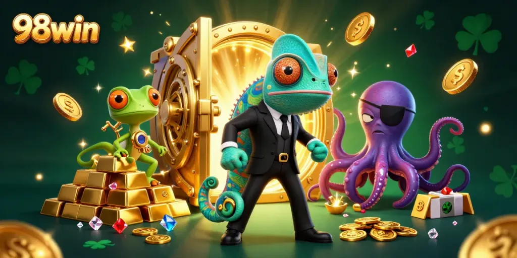 Experience the thrill of 98win with vibrant characters and opulent casino elements in a dynamic scene.