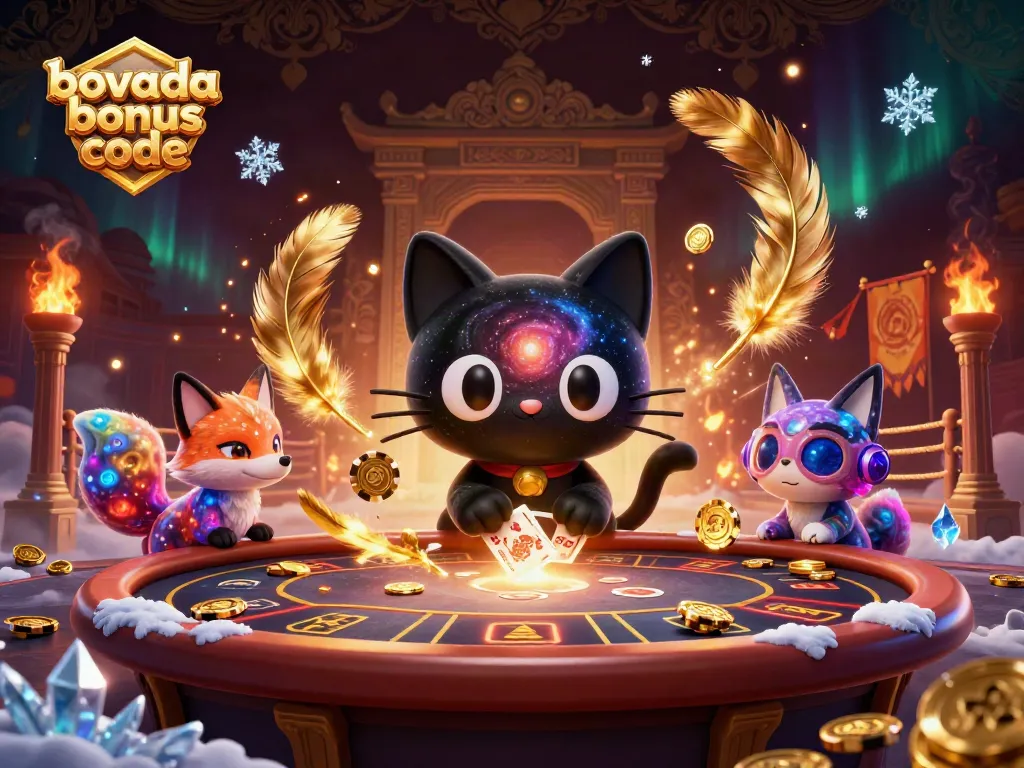 Engage with Bovada bonus code in a vibrant cosmic casino scene showcasing a black hole cat and nebula fox.