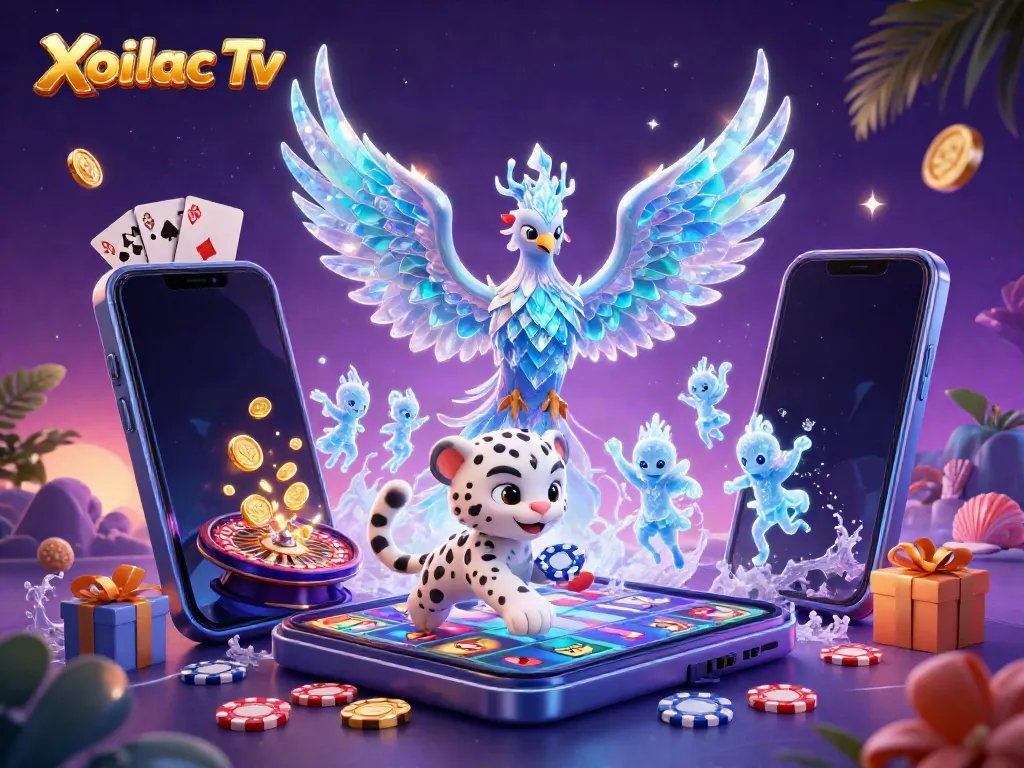 Xoilac Tv showcases an exciting 3D scene with a vibrant ice phoenix and playful snow leopard at a casino.