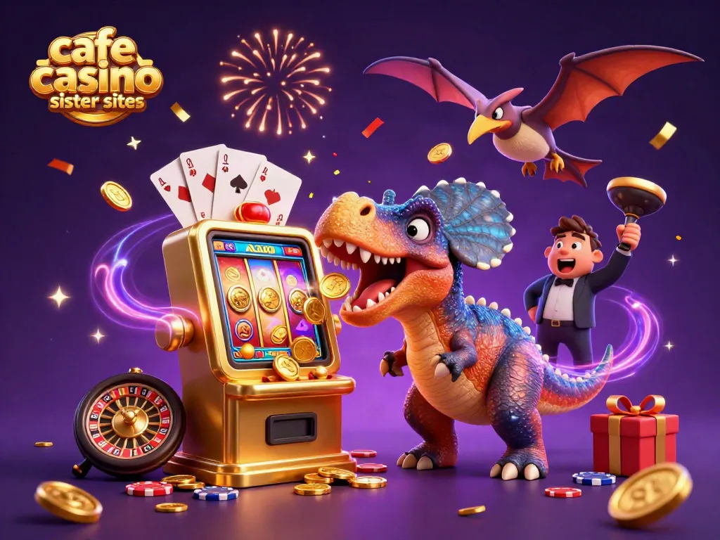Cafe casino sister sites selection highlights with a dinosaur-themed casino scene, showcasing a jackpot win