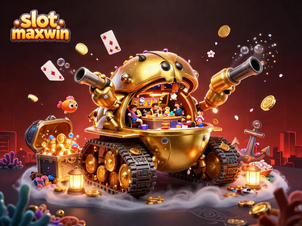 Experience slot maxwin in a stunning 3D casino scene with golden beetle tank and dynamic game elements.