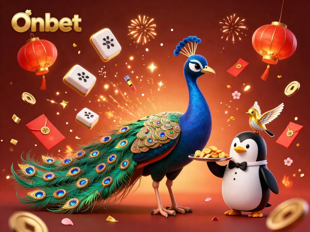 Engage with Onbet's vibrant casino world through a dynamic scene featuring symbol-laden characters, vibrant elements, and festive atmosphere.