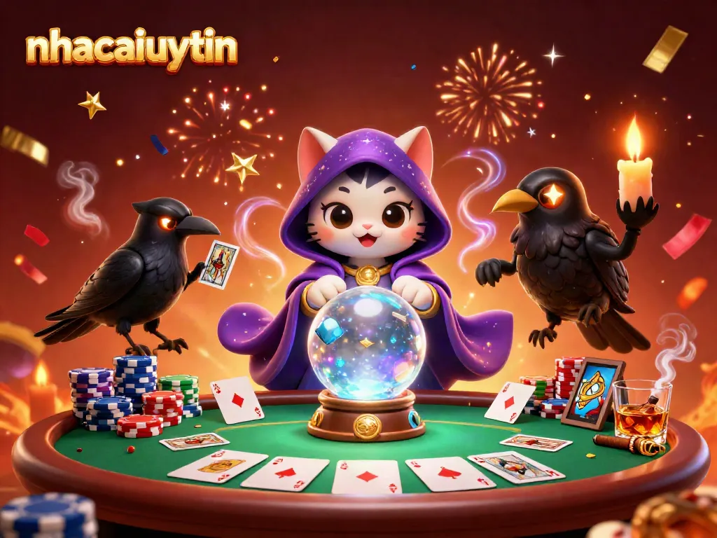 Engage with nhacaiuytin themed casino adventure featuring fortune teller cat and poker elements.