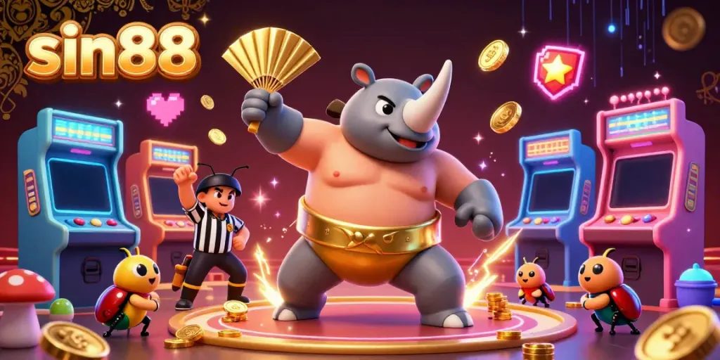 Experience the thrilling power of sin88 with a beetle champion unleashing golden coins in a vibrant casino backdrop.