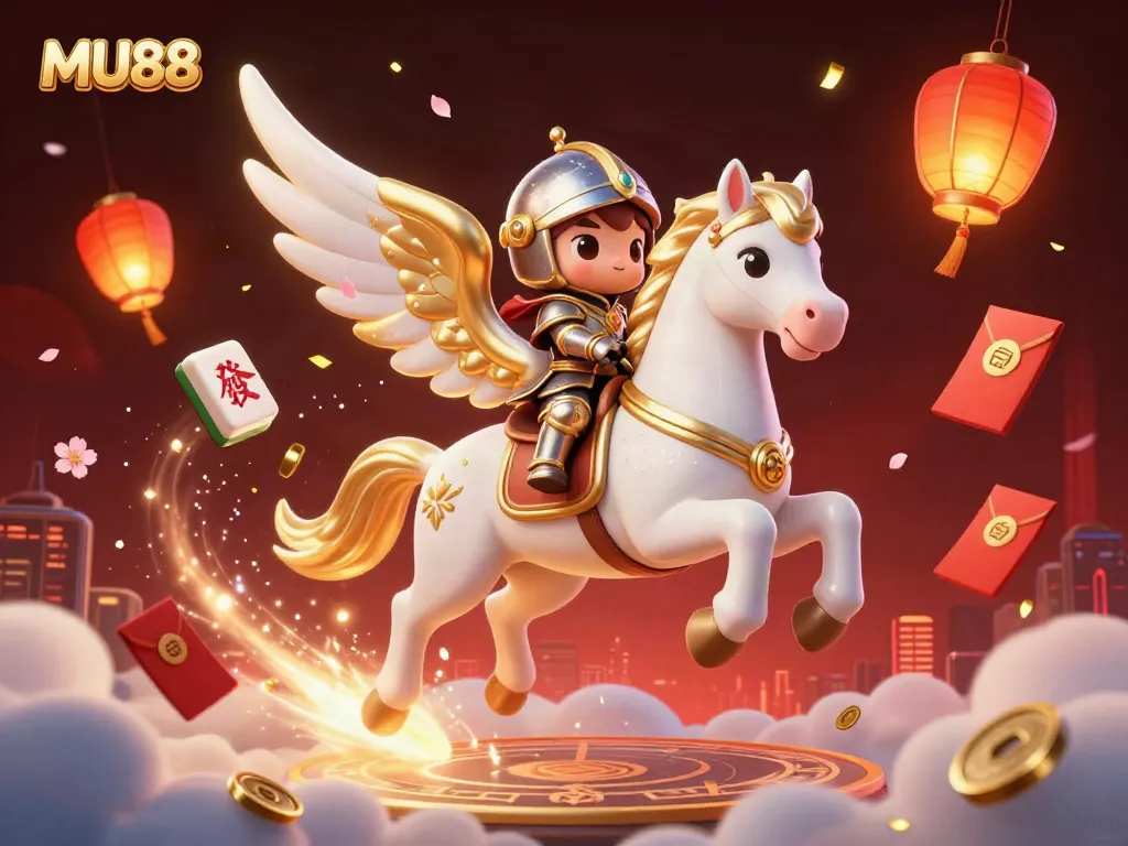 Immerse in the dynamic world of MU88 as a celestial horse and knight ride through a magical gaming scene.