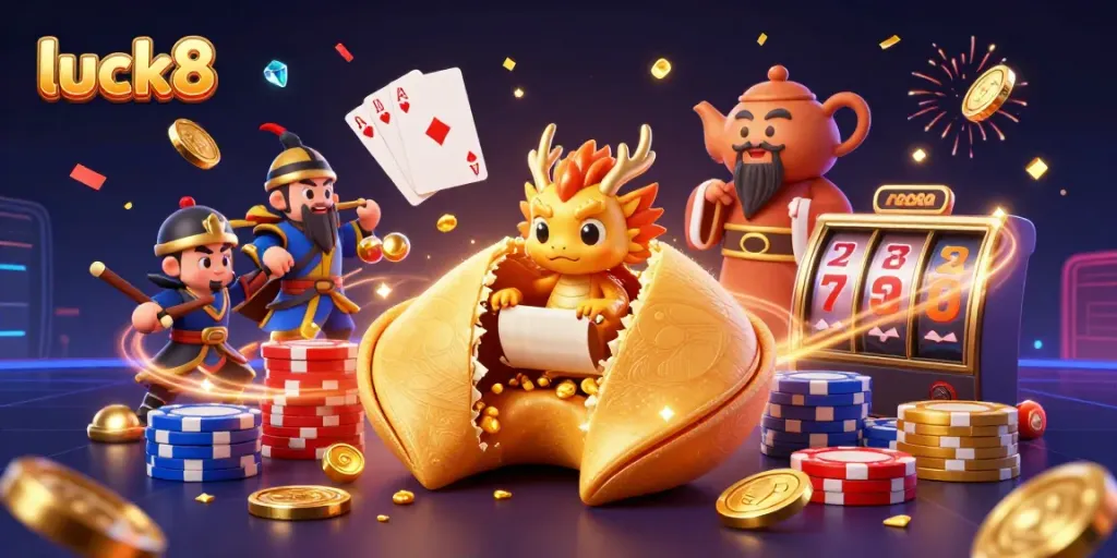 Experience luck8's vibrant casino world with a golden fortune cookie and animated dragon!