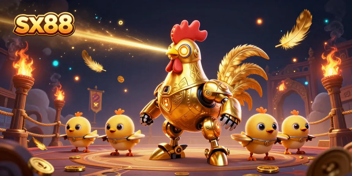 Win big at sx88 with a vibrant 3D casino showdown featuring golden rooster robots and dynamic gaming elements.