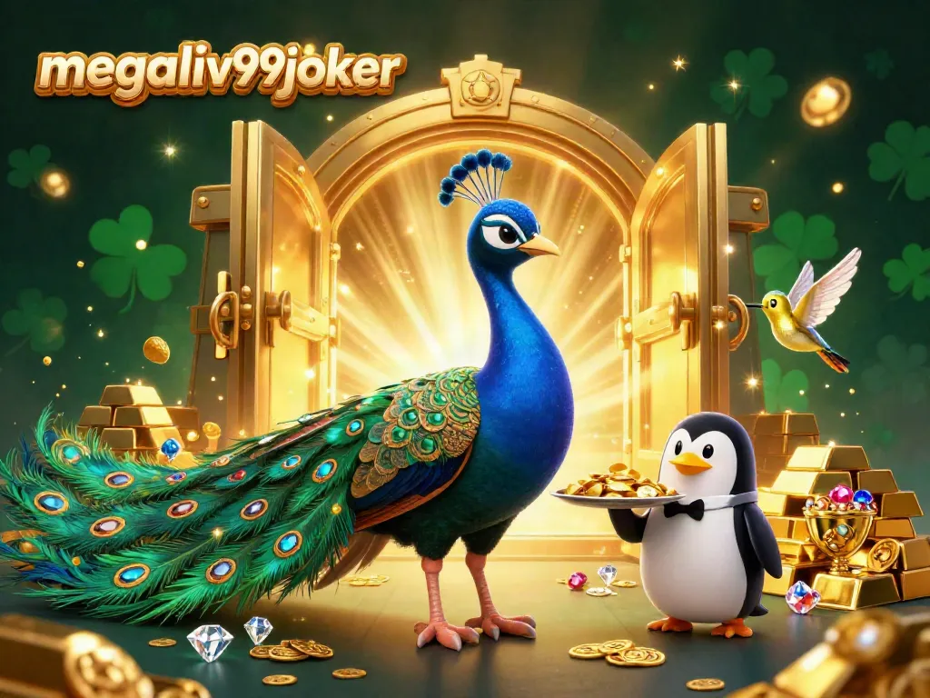 Gambarkan megalive99joker dengan burung merak aristokrat, penguin, dan kolibri dikelilingi kekayaan kasino