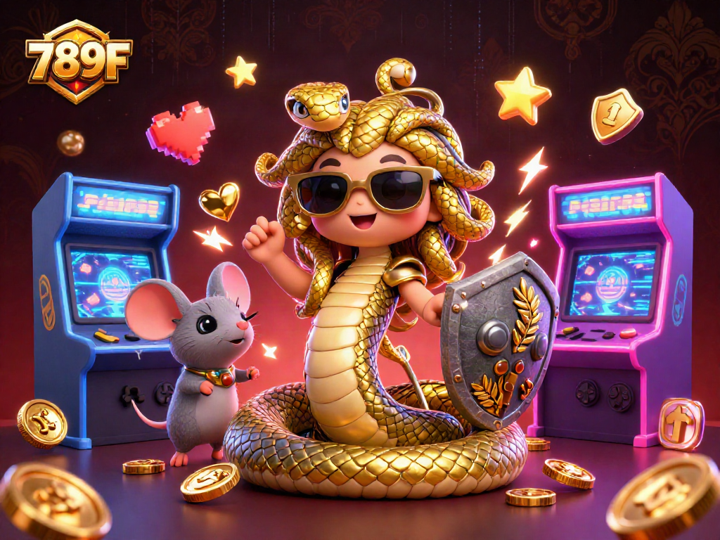 Play exciting casino games at 789F with a vibrant illustration showcasing gaming elements and characters.