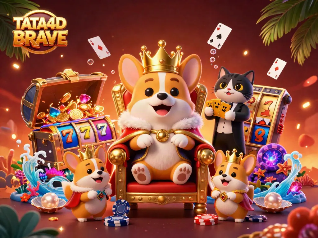 Engage with TATA4D BRAVE by playing vibrant slots amidst animated casino characters.