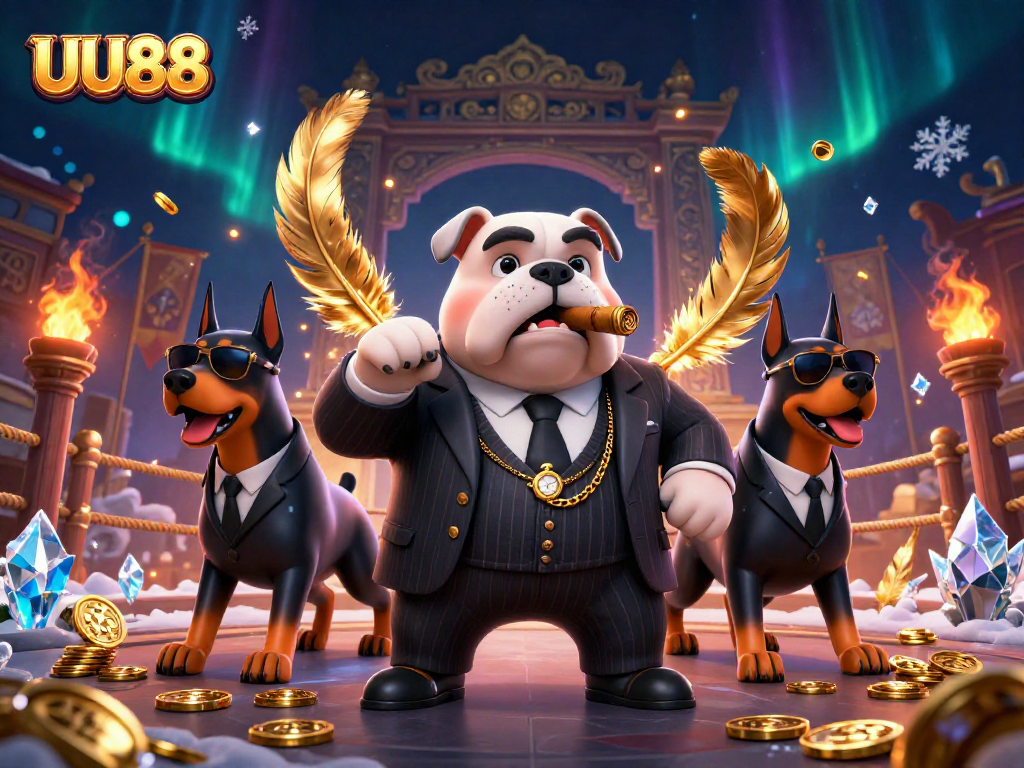 Experience thrilling gambling with UU88 featuring a mafia bulldog and dynamic casino elements.