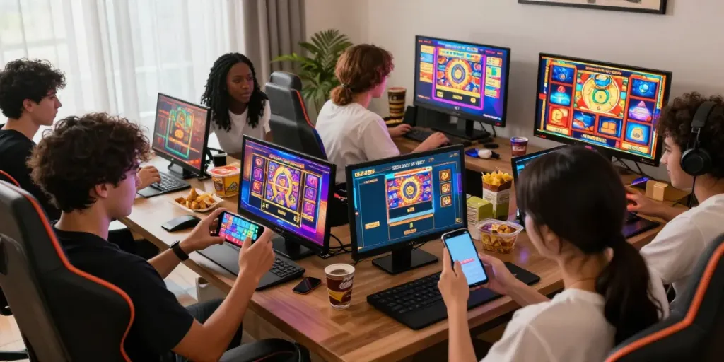 Exciting slot gacor gaming session with diverse players using mobile devices, showcasing vibrant PG SOFT graphics.