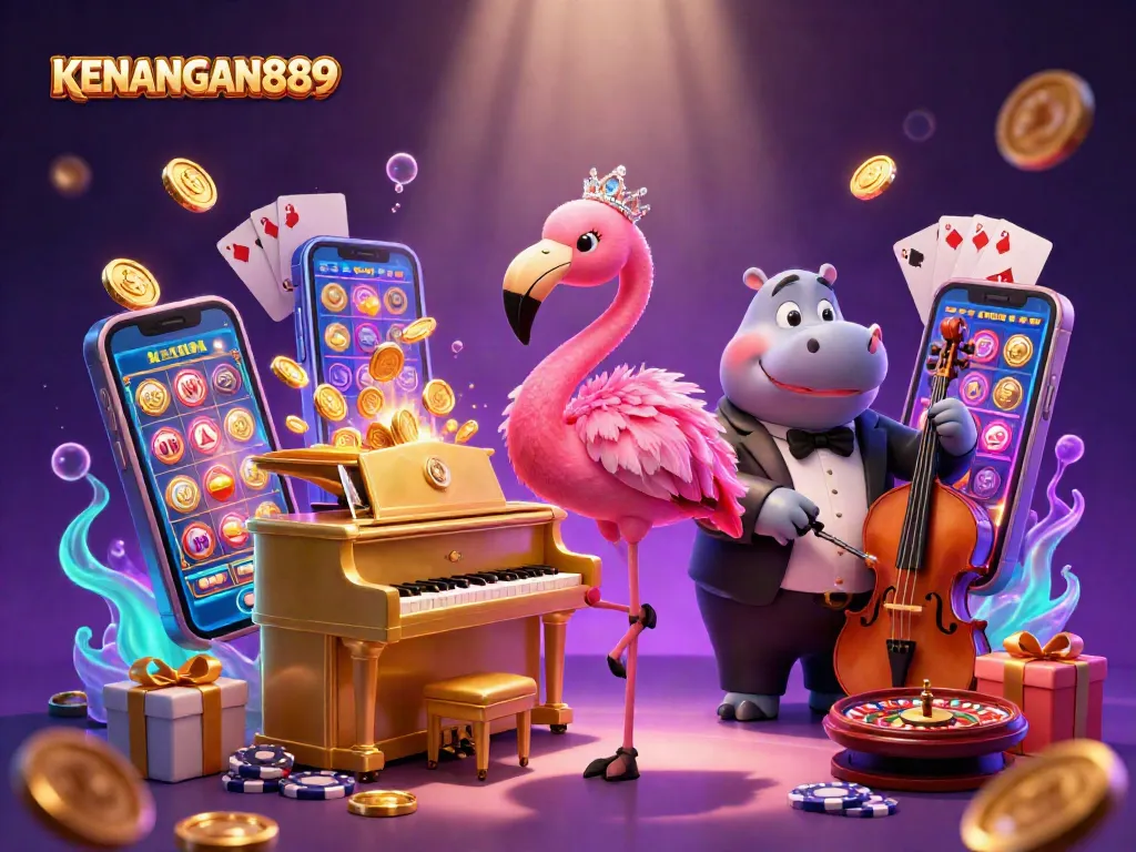 Play slots at KENANGAN889 while enjoying a vibrant scene with colorful characters and casino games.