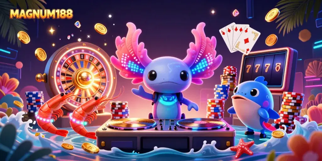 Experience the excitement of MAGNUM188 with vibrant 3D illustration showcasing casino elements and lively characters.