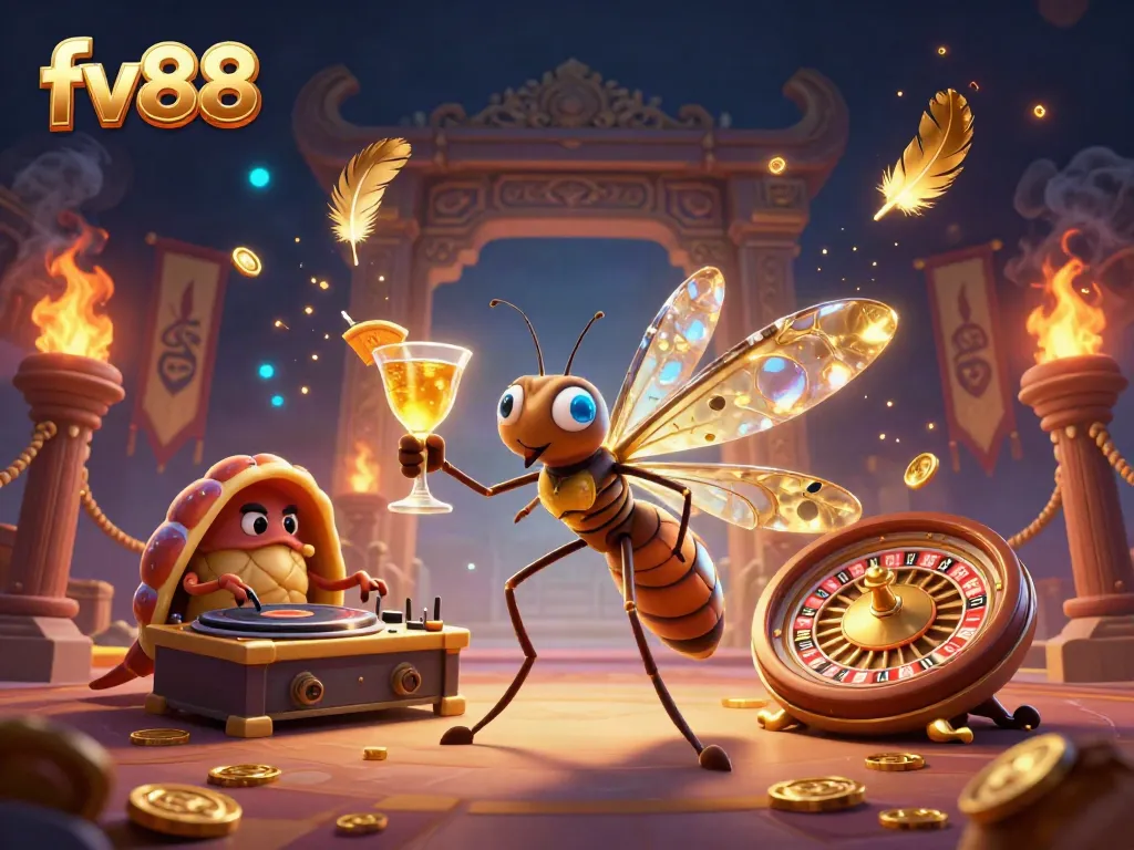 Engage with FV88 in a vibrant 3D casino scene filled with dynamic gaming elements and a golden roulette wheel.