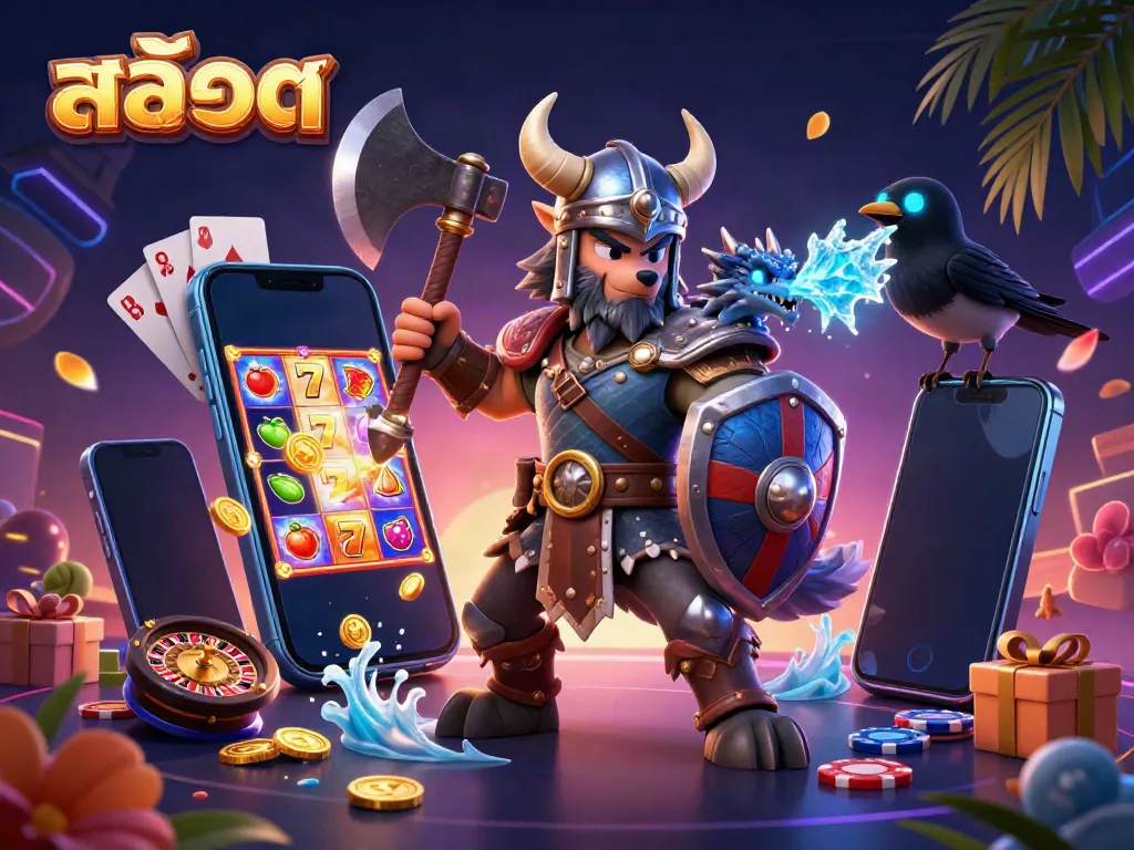 Spin slots with สล็อต while engaging with a Viking warrior, dragon, and raven in a vibrant casino scene.