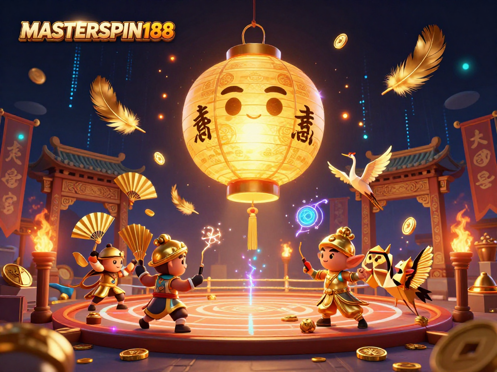Engage with the vibrant MASTERSPIN188 scene showcasing a golden lantern spirit over a night market casino filled with dynamic gambling elements.