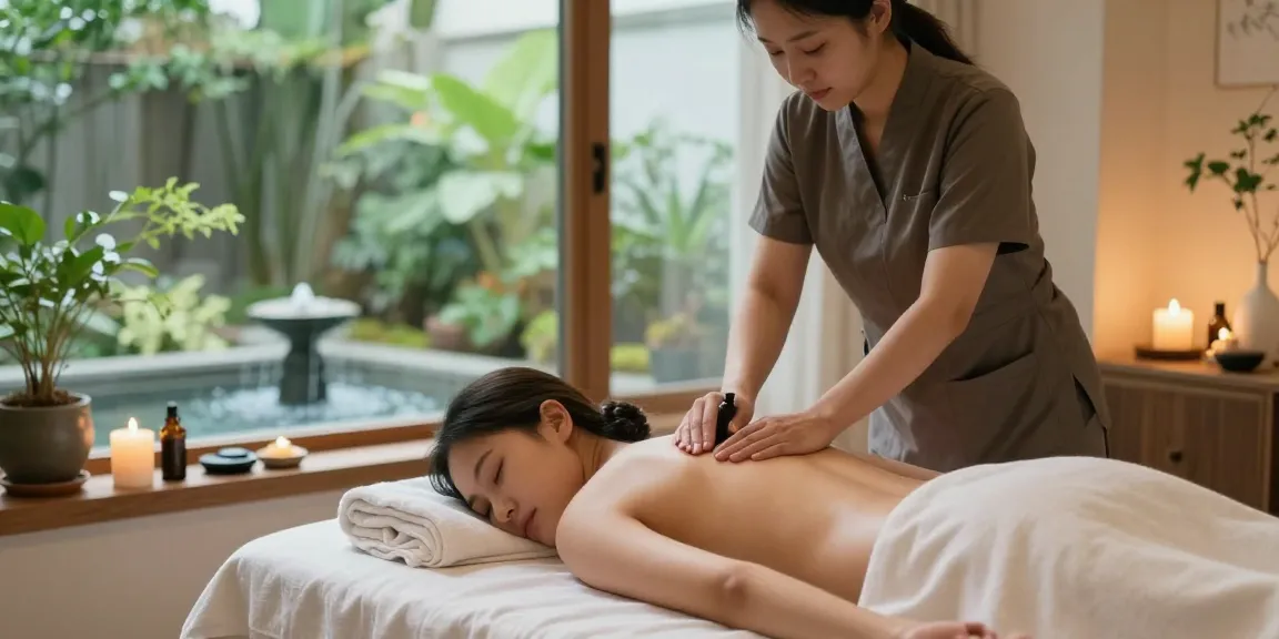 Relaxation during a 하남출장안마 massage at a soothing wellness spa, with essential oils and candles.