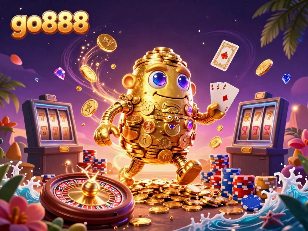 Engage with the vibrant go888 gaming scene featuring golden golem, casino elements, and dynamic energy.