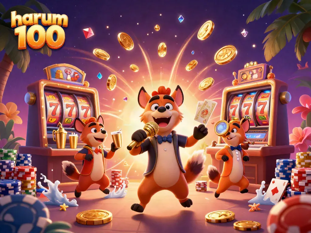 Gambarkan pengalaman bermain di HARUM100 dengan hyena komik di kasino slot yang penuh dengan keberuntungan.