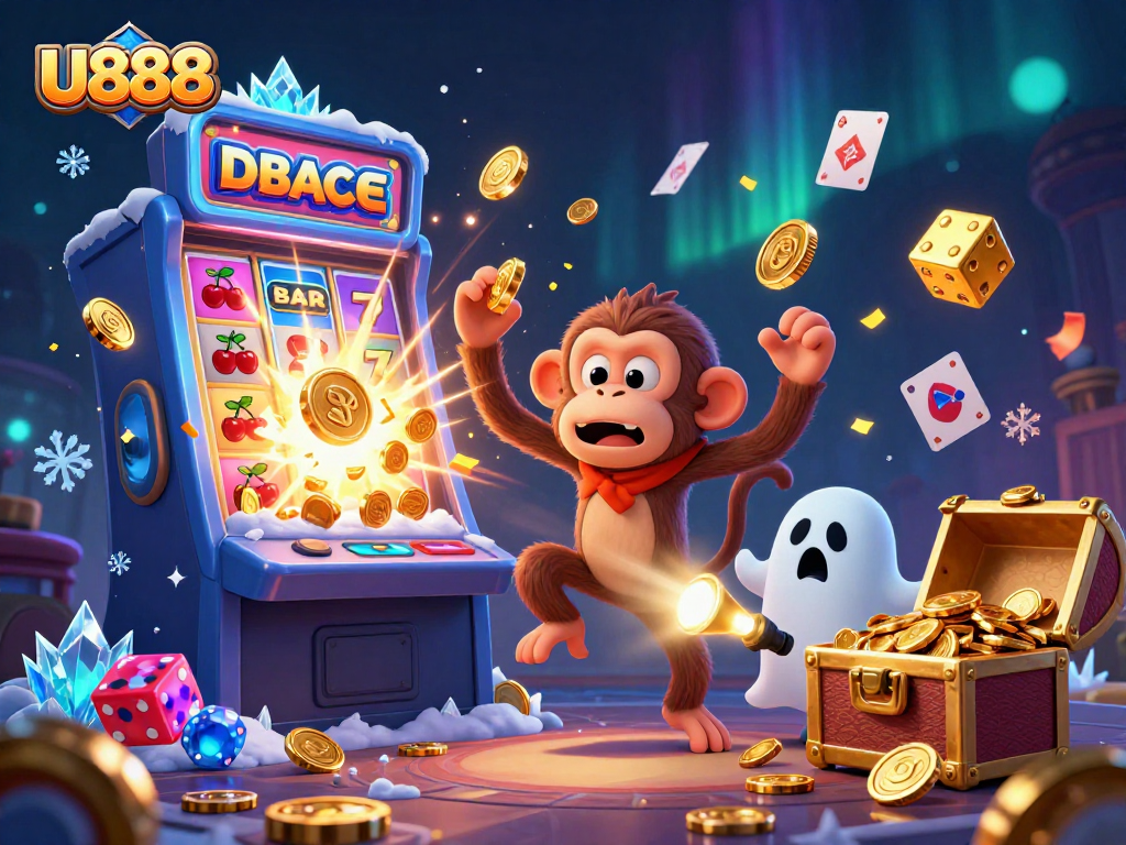 Experience thrilling casino excitement with U888's dynamic scene of a poltergeist monkey and a curious puppy.