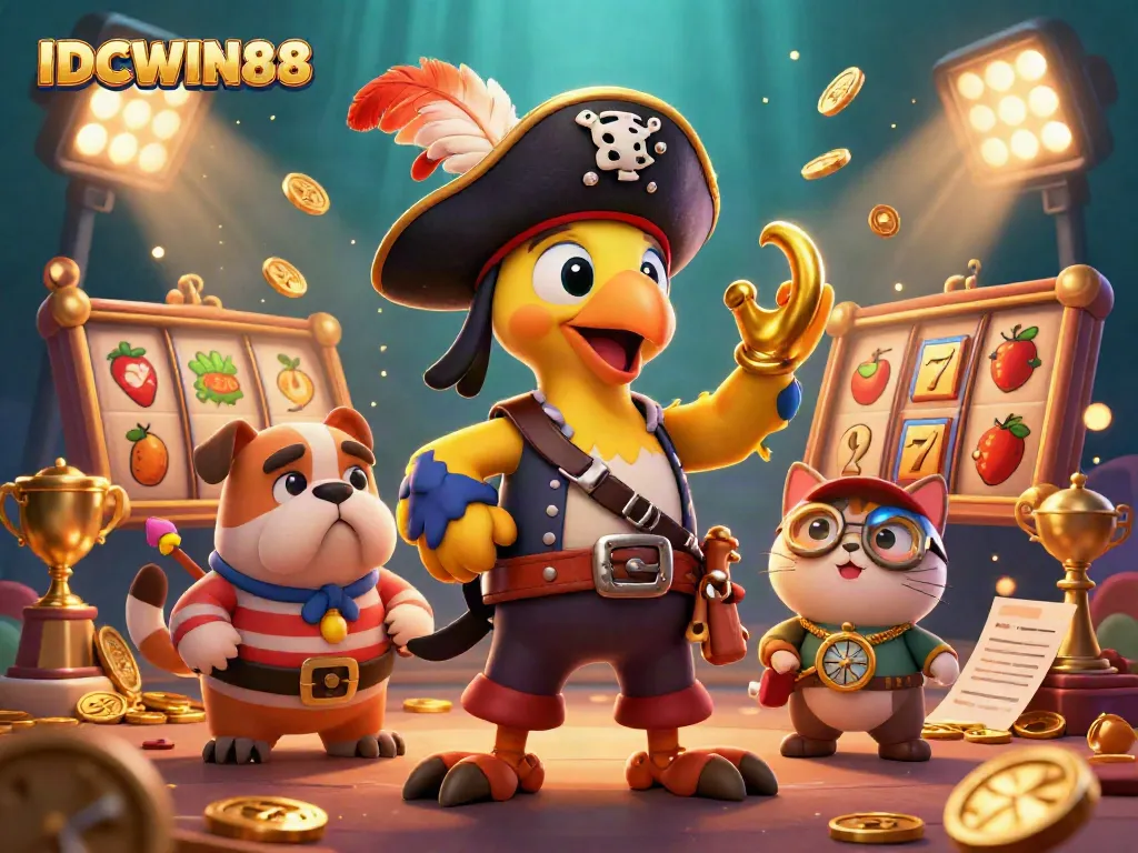 Engage with the IDCWIN88 adventure, showcasing a pirate captain and crew amid dynamic slot game elements.