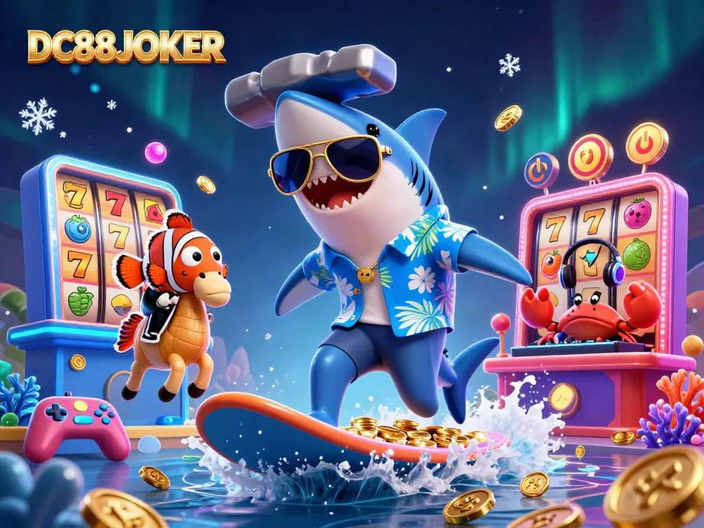 Engaging DC88JOKER action scene with a cartoon shark, clownfish, and crab in a vibrant casino-themed environment.