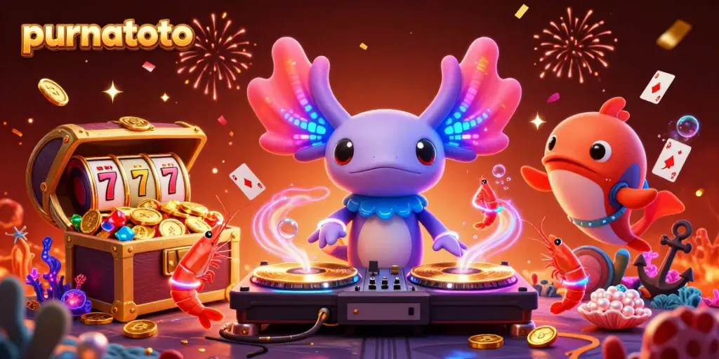 Purnatoto menampilkan aksi DJ axolotl neon berwarna cerah di dunia kasino bawah laut yang ceria.
