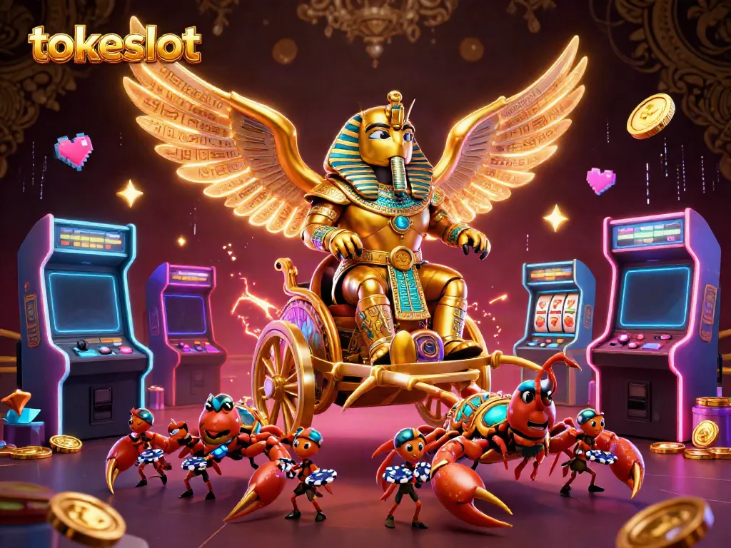 Tokeslot gaming scene featuring a colossal scarab in pharaoh armor amidst slot machines and vibrant game elements.