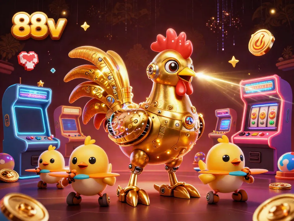 Engage with 88vv's thrilling slot experience featuring a retro-futuristic golden rooster in a vibrant casino.