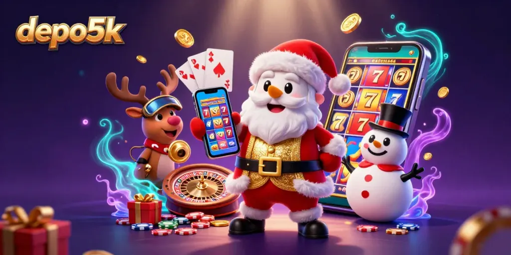 Experience record-breaking jackpots with depo5k. Enjoy festive casino fun with Santa, a reindeer dealer, and a poker chip snowman.