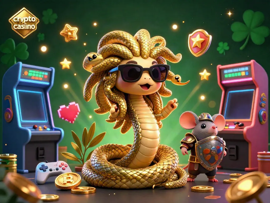 Experience excitement at a vibrant crypto casino with unique characters and gaming elements.