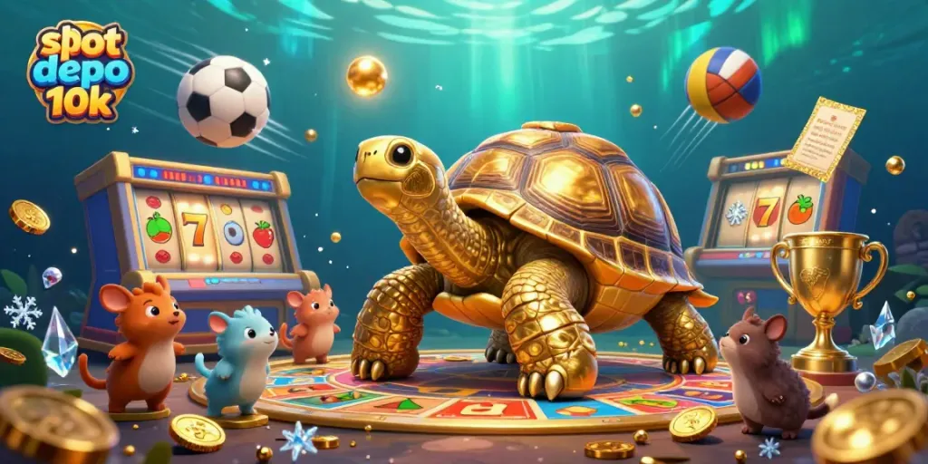 Experience the thrill of slot depo 10k with a vibrant illustration of a golden tortoise pinball machine and spirited gameplay.