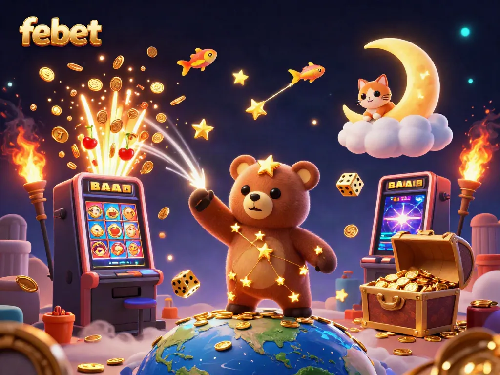 Experience the excitement of febet casino with a vibrant illustration of golden stars, slot machines, and joyful game elements.