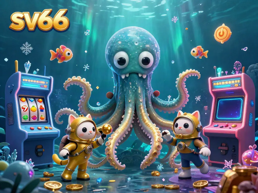 Experience the thrill of sv66 with a colossal kraken and arcade games in a vibrant underwater scene.