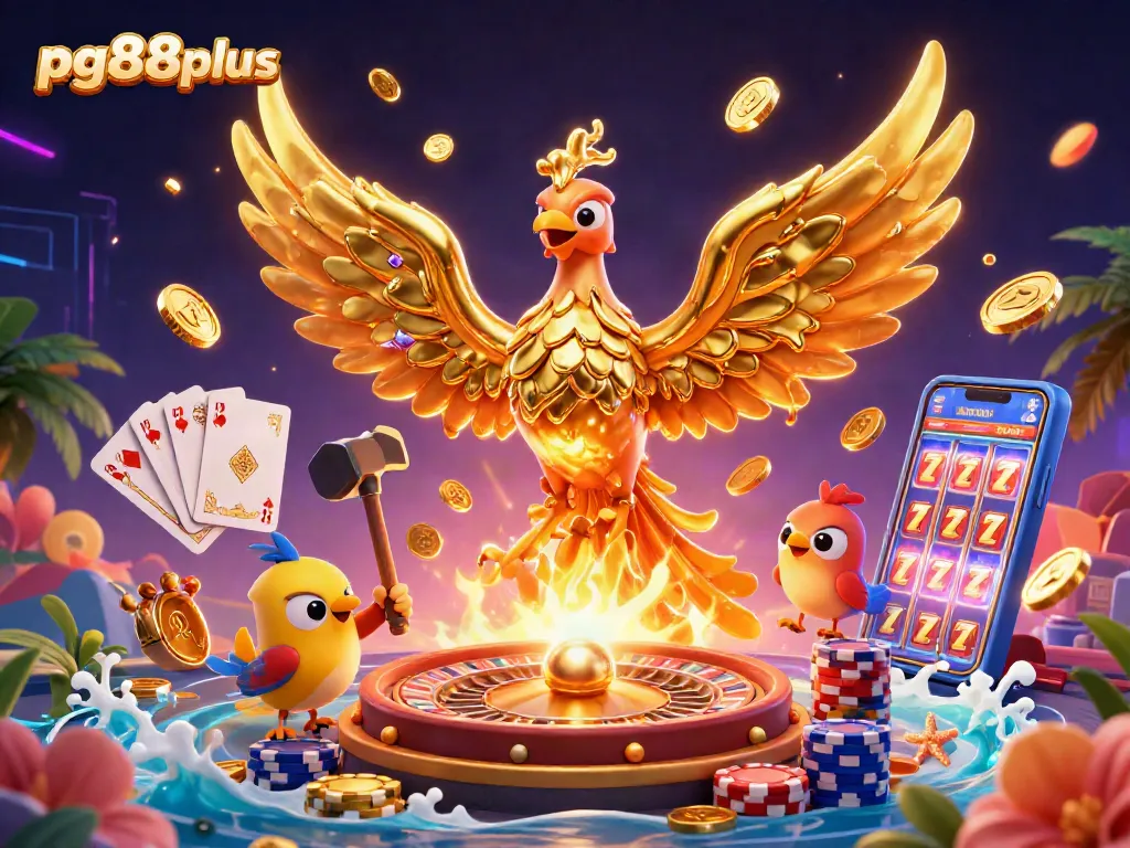 Experience exciting wins at pg88plus with a golden phoenix emerging from a forge amid cascading coins and sparkling gems.