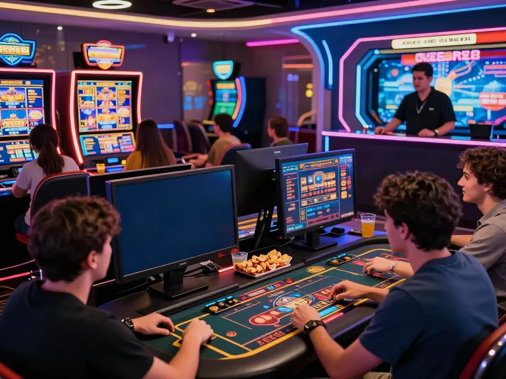 Players engaging in online gaming at QQMacan, showcasing vibrant casino atmosphere.