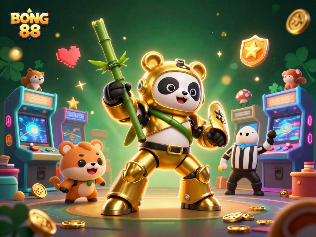 Engage in thrilling BONG 88 gameplay featuring a mech-suit panda in a colorful casino arena.