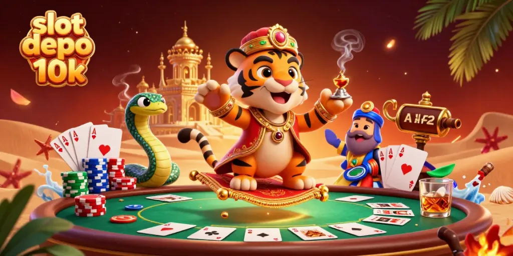Engage with slot depo 10k through this vibrant, detailed Casino scene featuring a Sultan and gaming elements.