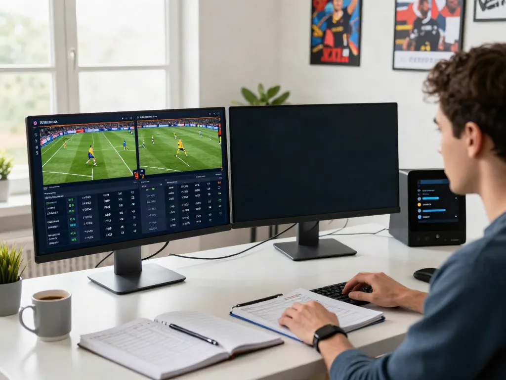 Engaged player analyzing football statistics and odds on WWBOLA platform.
