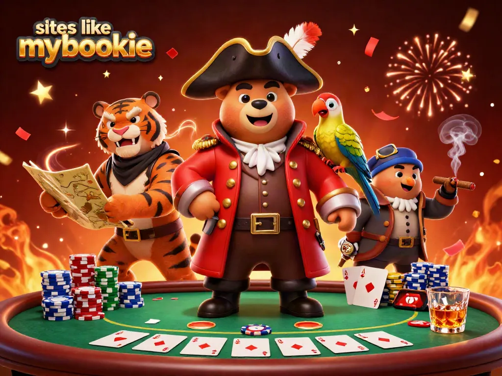 Join fun action at sites like mybookie with a colorful cartoon pirate betting at a poker table.