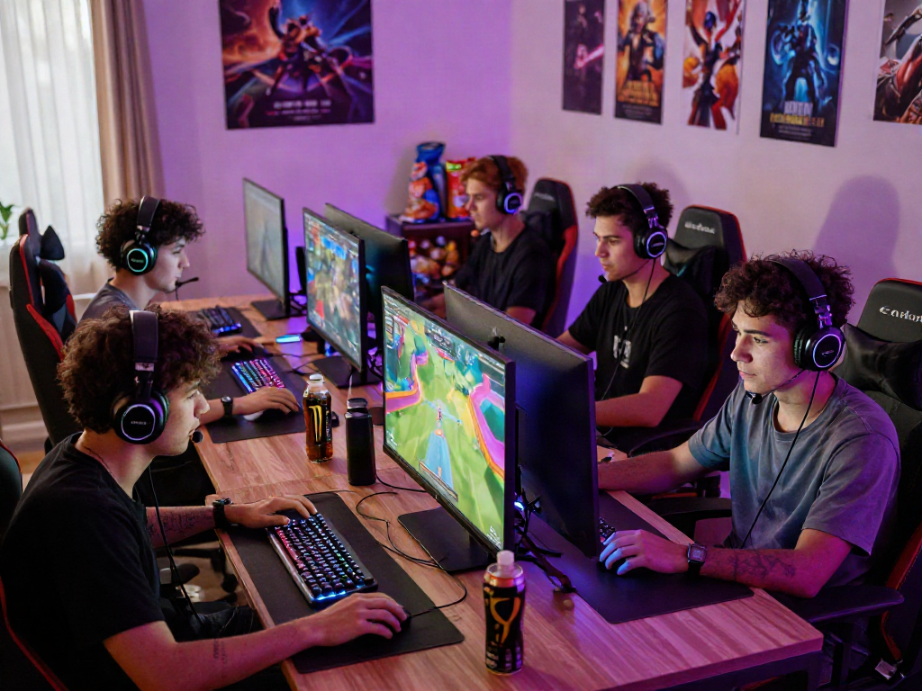 Go8 gamers engaged in competitive play at home with vibrant setups.